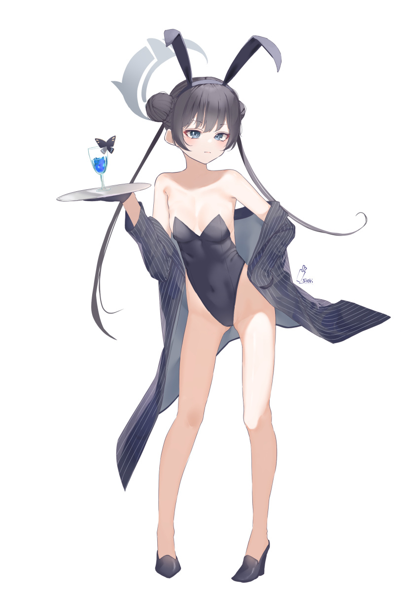 1girl absurdres alternate_costume animal_ears bare_legs bare_shoulders black_footwear black_hair black_jacket black_leotard blue_archive breasts cleavage closed_mouth commentary_request covered_navel cup double_bun drink drinking_glass fake_animal_ears full_body grey_eyes grey_halo hair_bun halo highleg highleg_leotard highres jacket kisaki_(blue_archive) legs leotard long_hair looking_at_viewer partial_commentary playboy_bunny rabbit_ears shoes simple_background small_breasts solo standing striped striped_jacket tachibana_shiori_(suica_112) twintails vertical-striped_jacket vertical_stripes white_background