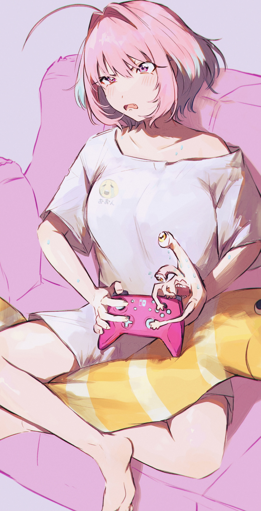 1girl absurdres ahoge armored_core_grip barefoot collarbone controller couch crossover crying_emoji emoji fang feet foot_out_of_frame frown game_controller hair_between_eyes hair_intakes hamachamu highres holding holding_controller holding_game_controller idolmaster idolmaster_cinderella_girls indian_style kiseijuu migi multicolored_hair nervous_sweating nintendo_switch_pro_controller no_pants on_couch open_mouth pink_eyes pink_hair print_shirt shirt short_sleeves single_bare_shoulder sitting soles sweat thighs two-tone_hair v-shaped_eyebrows white_shirt yellow_eyes yumemi_riamu