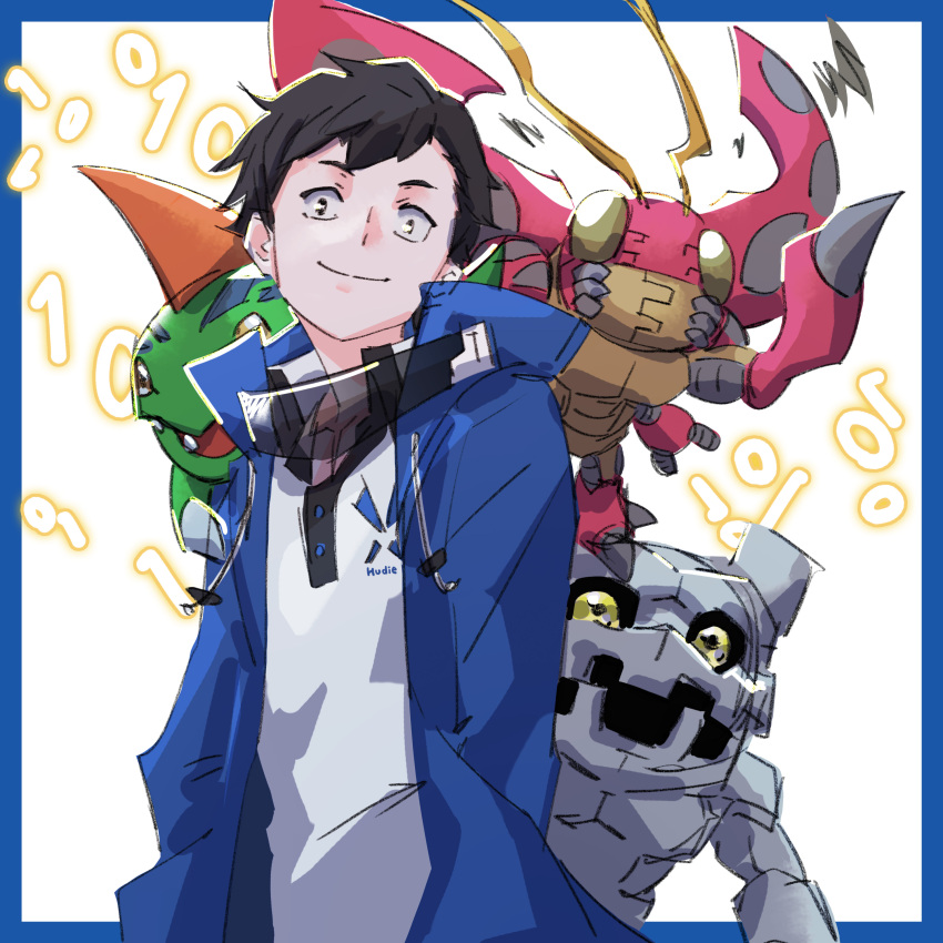 absurdres amasawa_keisuke betamon black_hair bug digimon digimon_(creature) digimon_story:_cyber_sleuth digimon_story:_cyber_sleuth_hacker's_memory gottsumon highres kaiju_(konokaijuda) looking_at_viewer open_mouth rock sharp_teeth smile teeth tentomon wings yellow_eyes