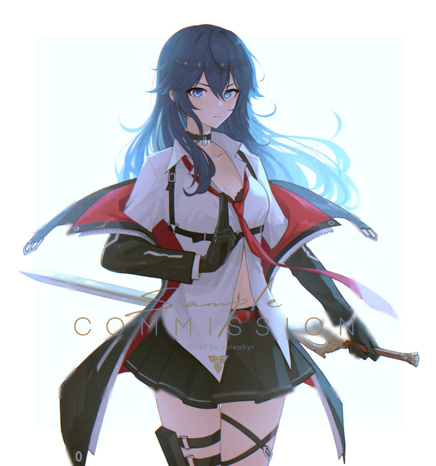 1girl black_choker black_skirt blue_eyes blue_hair breasts choker commission cosplay counter:side cowboy_shot falchion_(fire_emblem) fire_emblem fire_emblem_awakening hair_between_eyes highres holding holding_sword holding_weapon jacket joo_shiyoung joo_shiyoung_(cosplay) kobayashi_yuu long_hair looking_at_viewer lucina_(fire_emblem) navel open_clothes open_jacket shirt skirt small_breasts solo sword sword_behind_back symbol_in_eye thigh_strap velephyr voice_actor_connection weapon white_background white_shirt