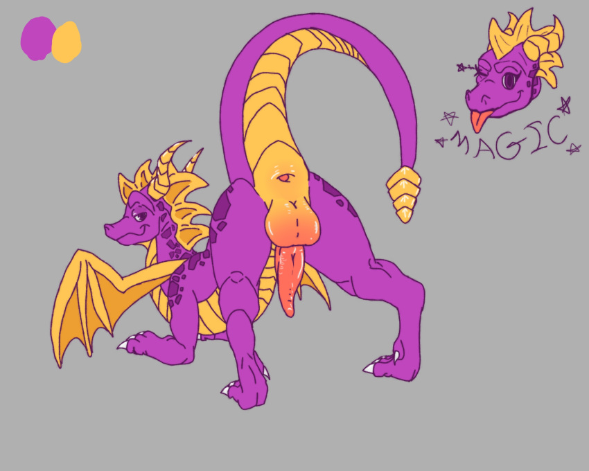 activision balls bedroom_eyes butt crossgender dragon female feral genitals hi_res horn male mtf_crossgender narrowed_eyes penis presenting presenting_hindquarters presenting_penis seductive smug_face solo spyro spyro_the_dragon universaldragon wings