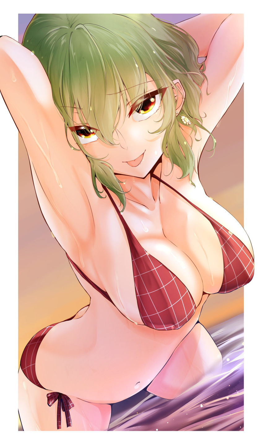 1girl absurdres armpits arms_behind_head bikini breasts cleavage collarbone commentary_request earrings flower_earrings green_hair hair_between_eyes highres itocoh jewelry kazami_yuuka large_breasts navel orange_eyes partially_submerged plaid plaid_bikini red_bikini short_hair side-tie_bikini_bottom solo standing stomach string_bikini swimsuit thighs tongue tongue_out touhou water wet