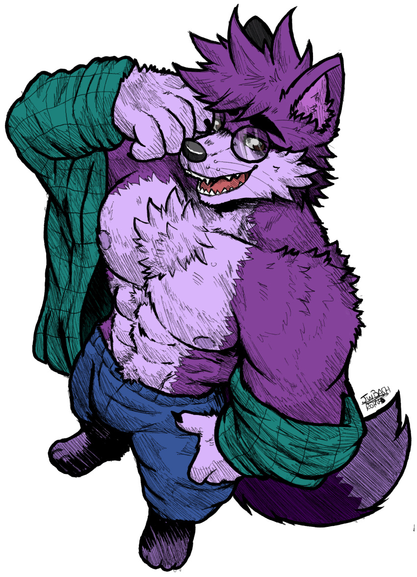 abs absurd_res anthro bottomwear canid canine canis clothed clothing colored dark_ears eyewear fluffy fur glasses hi_res jwbash looking_at_viewer male mammal muscular muscular_anthro muscular_male nipples open_clothing open_mouth open_shirt open_smile open_topwear pants pecs purple_body purple_fur shirt sketch smile solo teeth topwear undressing wolf