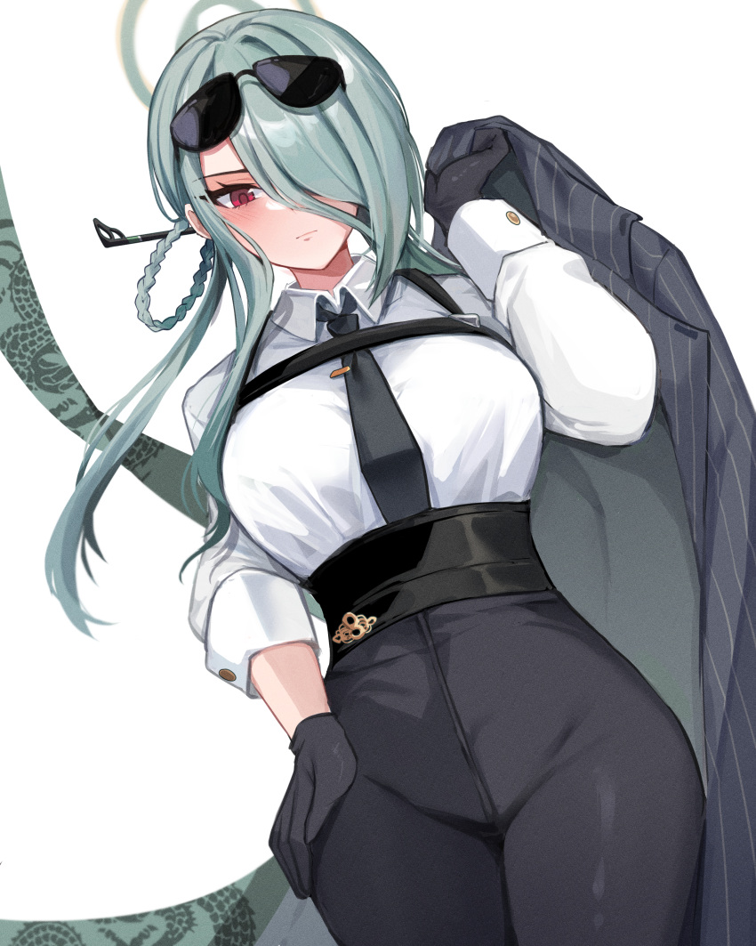 1girl absurdres black_gloves black_necktie black_pants blue_archive blush breasts chest_harness coat eyewear_on_head gloves green_hair grey_coat groin hair_ornament hair_over_one_eye hair_rings hair_stick halo harness high-waist_pants highres holding holding_clothes holding_coat large_breasts looking_at_viewer mina_(blue_archive) mindoll necktie one_eye_covered pants red_eyes shirt simple_background solo sunglasses vertical-striped_coat white_background white_shirt
