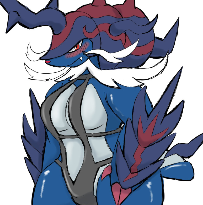 2022 anthro armor black_clothing black_swimwear blue_body blue_tail blush breasts claws clothing cute_fangs denbukuro facial_hair female hair headgear helmet hi_res hisuian_form hisuian_samurott nintendo pokemon pokemon_(species) red_claws red_eyes red_nose regional_form_(pokemon) simple_background solo spiked_tail spikes spikes_(anatomy) standing swimwear tail white_background white_body white_hair