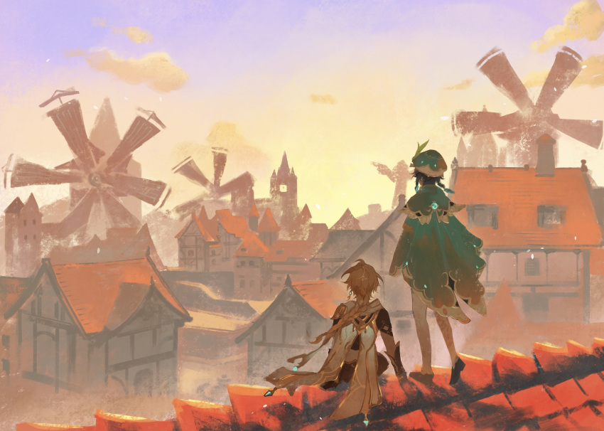 2boys absurdres aether_(genshin_impact) ahoge arm_armor back beret black_footwear black_hair blonde_hair blue_gemstone blue_hair braid brown_gloves brown_pants brown_shirt cape cloud cloudy_sky commentary_request earrings evening gem genshin_impact gloves gradient_hair gradient_sky green_cape green_headwear green_shorts hair_ornament hat hat_ornament highres house jewelry leaf leaf_hat_ornament long_hair multicolored_hair multiple_boys outdoors pants pantyhose purple_sky scarf shirt shoes short_hair short_sleeves shorts single_earring sitting sky standing town twin_braids venti_(genshin_impact) vision_(genshin_impact) white_pantyhose white_scarf windmill window yellow_sky zuu_(kyuudo9)