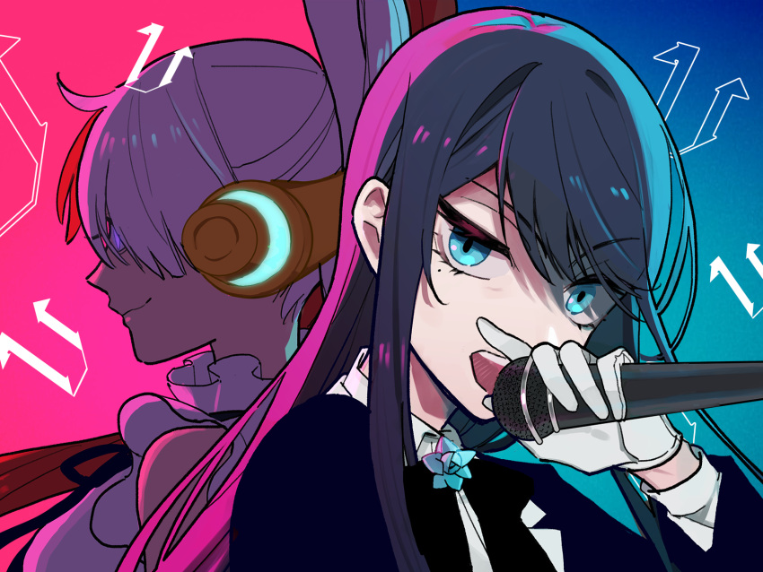 2girls ado_(utaite) bare_shoulders black_bow black_bowtie black_hair blue_eyes blue_flower blue_jacket bow bowtie closed_mouth cloud_nine_inc collared_shirt commentary_request dress_shirt flower gloves glowing glowing_eyes highres holding holding_microphone jacket long_hair looking_at_viewer microphone mole mole_under_eye multicolored_hair multiple_girls one_piece one_piece_film:_red open_mouth purple_eyes red_hair riseno shadow shirt sidelocks teeth two-tone_hair upper_body upper_teeth_only uta_(one_piece) utaite voice_actor_connection white_gloves white_hair white_shirt