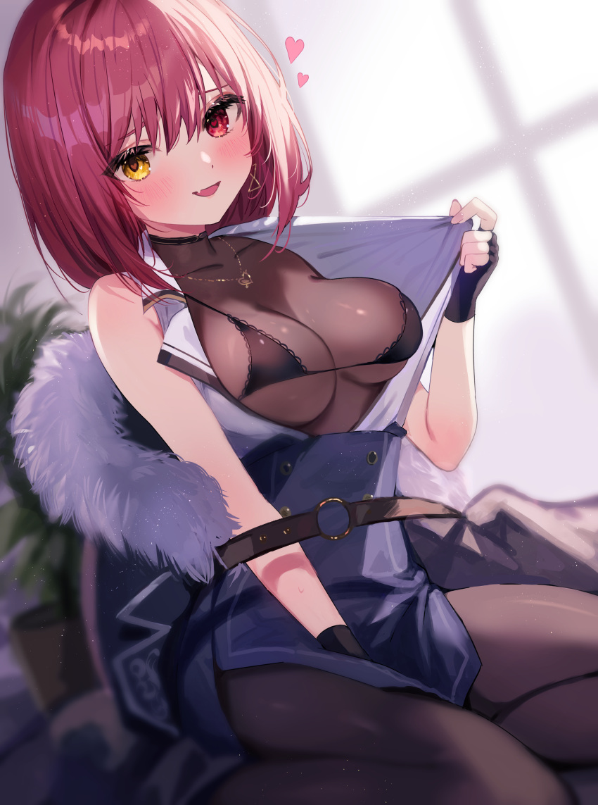 1girl absurdres bare_shoulders black_bra black_gloves black_skirt black_thighhighs blush bodystocking bra breasts coat collarbone fang fingerless_gloves fur-trimmed_coat fur_trim gloves heart heart-shaped_pupils heart_necklace hell_fuuna heterochromia high-waist_skirt highres hololive houshou_marine houshou_marine_(6th_costume) jewelry large_breasts looking_at_viewer miniskirt necklace official_alternate_costume open_clothes open_mouth open_shirt pantyhose red_eyes red_hair see-through_cleavage shirt short_hair skirt sleeveless sleeveless_shirt solo symbol-shaped_pupils thighhighs underwear virtual_youtuber white_shirt yellow_eyes