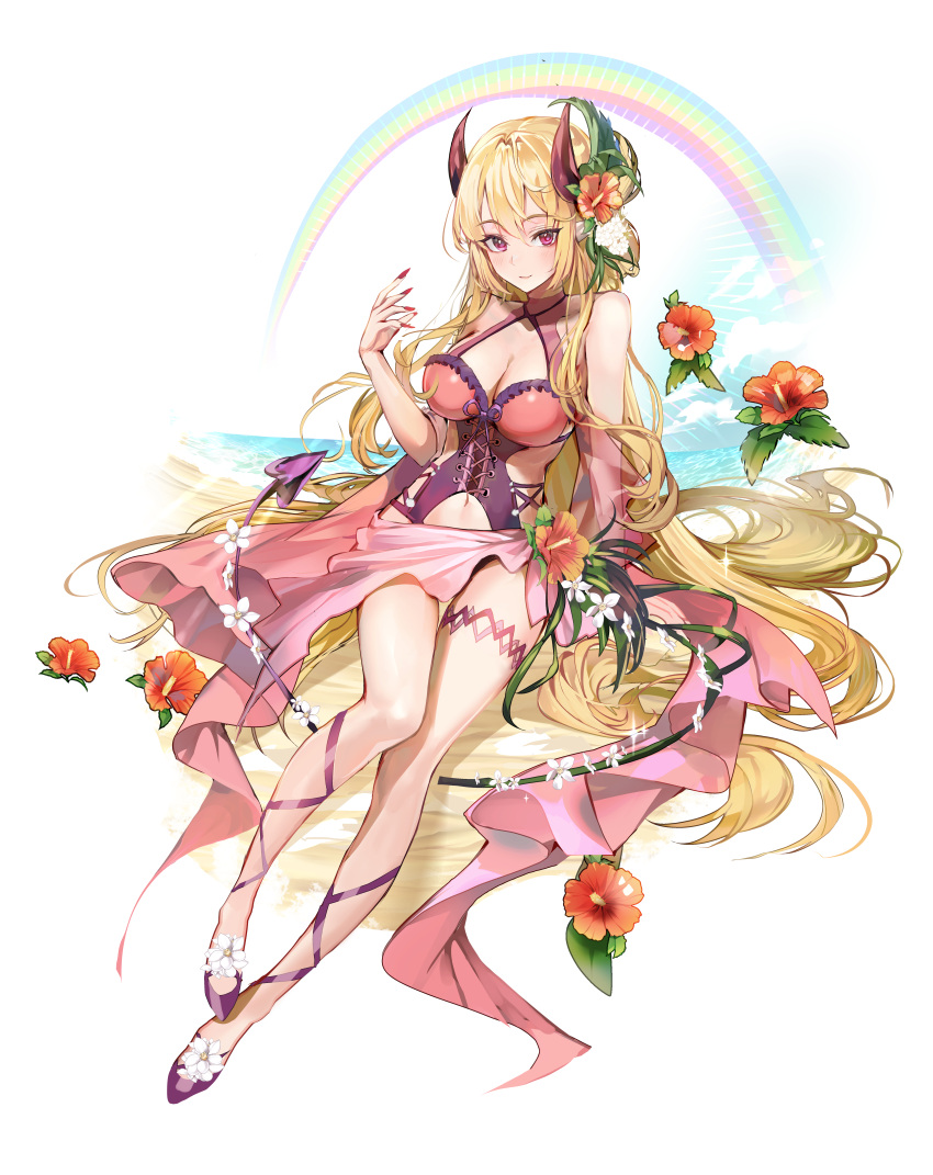1girl a_(sofi3103) absurdres akashic_chronicle blonde_hair breasts brown_horns cleavage closed_mouth commentary demon_girl demon_horns demon_tail detached_sleeves fingernails flower frills full_body hair_between_eyes hair_flower hair_ornament halterneck hand_up highres horns large_breasts leaf_hair_ornament light_blush long_fingernails long_hair looking_at_viewer nail_polish navel one-piece_swimsuit orange_flower pink_eyes pink_one-piece_swimsuit pink_sarong pink_sleeves purple_footwear purple_tail rainbow red_nails see-through see-through_sleeves smile solo swimsuit tail thigh_strap very_long_hair white_background white_flower wide_sleeves