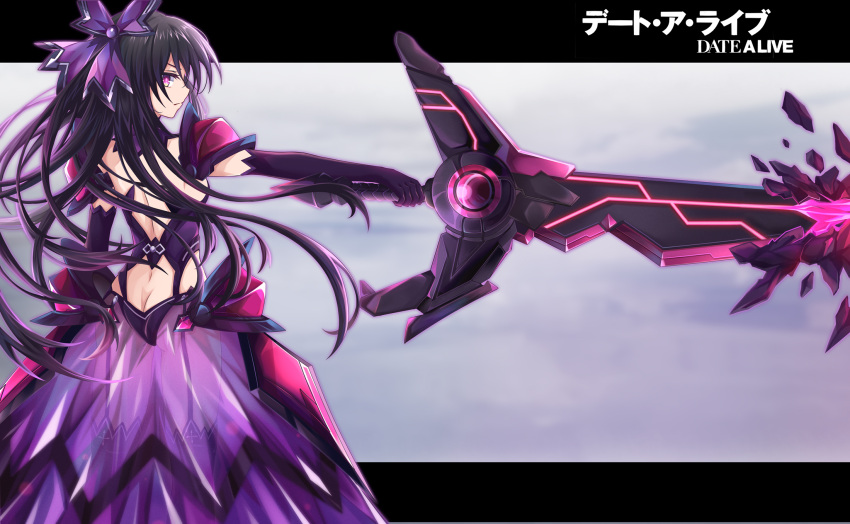 1girl armor armored_dress black_hair bow butt_crack dark_persona date_a_live dress floating_hair hair_bow highres miying_(13975192760) purple_bow purple_eyes see-through see-through_dress shoulder_armor sword weapon yatogami_tenka yatogami_tooka