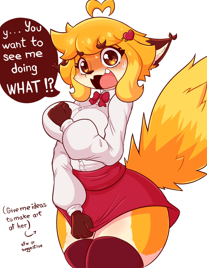 4_fingers absolute_territory absurd_res accessory ahoge amber_eyes anthro big_breasts blonde_hair blouse blush blush_lines bodily_fluids bottomwear bow_tie breasts button_(fastener) canid canine clothing collared_blouse covering covering_breasts curvy_figure cute_fangs dialogue embarrassed english_text female fingers fist fluffy fluffy_tail fox fur hair hair_accessory hairclip hi_res holding_skirt_down hourglass_figure jasmin_(jasminthemanticore) jasminthemanticore legwear looking_at_viewer mammal messy_tail miniskirt open_mouth red_bottomwear red_clothing red_skirt shocked simple_background skirt snaggle_tooth solo suggestive sweat tail text thick_thighs thigh_highs topwear white_blouse yellow_body yellow_fur