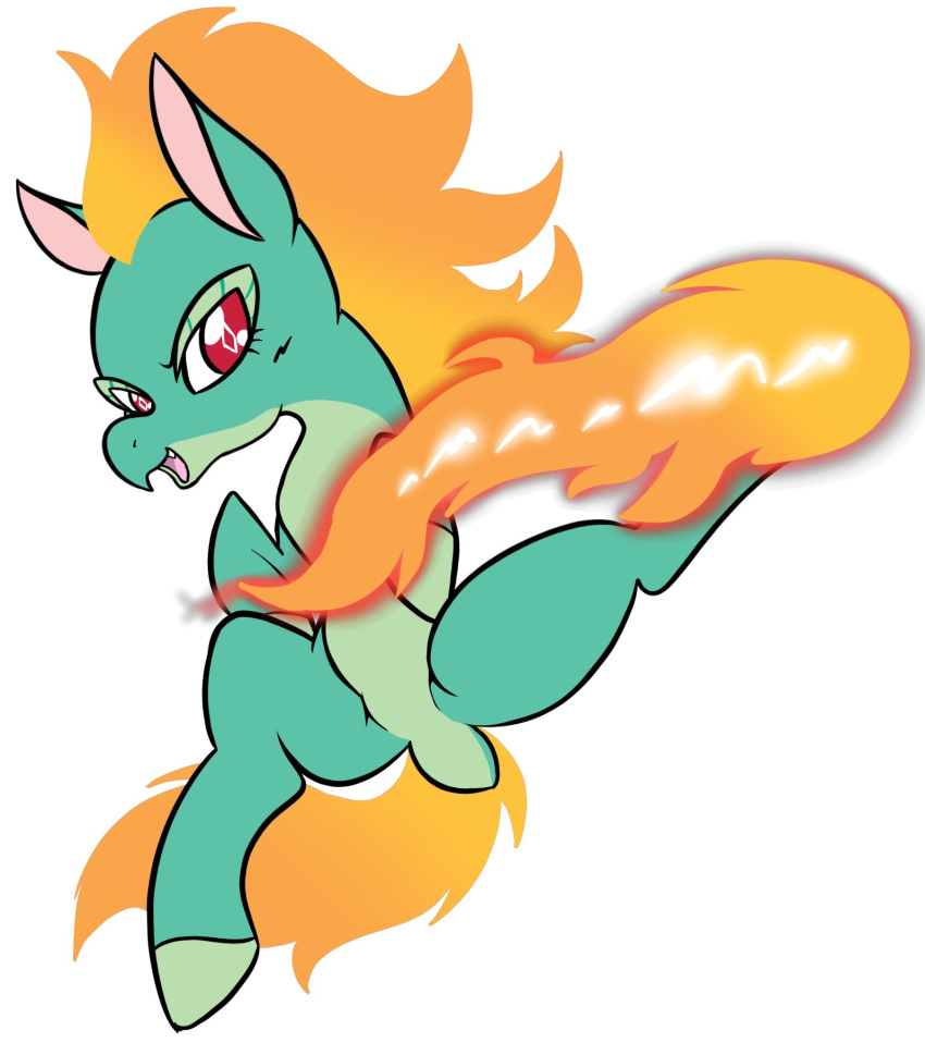 2023 action_pose asian_mythology blush chinese_mythology digital_drawing_(artwork) digital_media_(artwork) dock east_asian_mythology featureless_crotch female feral fire flaming_hair flaming_kick flaming_mane flaming_tail flat_colors green_body green_hooves green_skin hi_res hooves hybrid kick longma mythology open_mouth open_smile pose pseudo_hair pseudo_mane red_eyes shinkaku simple_background smile solo spread_legs spreading tail them's_fightin'_herds tianhuo_(tfh) white_background