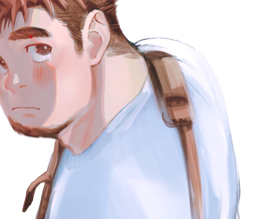 1boy bag bara blush close-up dyzd1 facial_hair goatee highres long_sideburns looking_at_viewer male_focus original painterly raised_eyebrows shirt short_hair shoulder_bag sideburns solo t-shirt thick_eyebrows upper_body