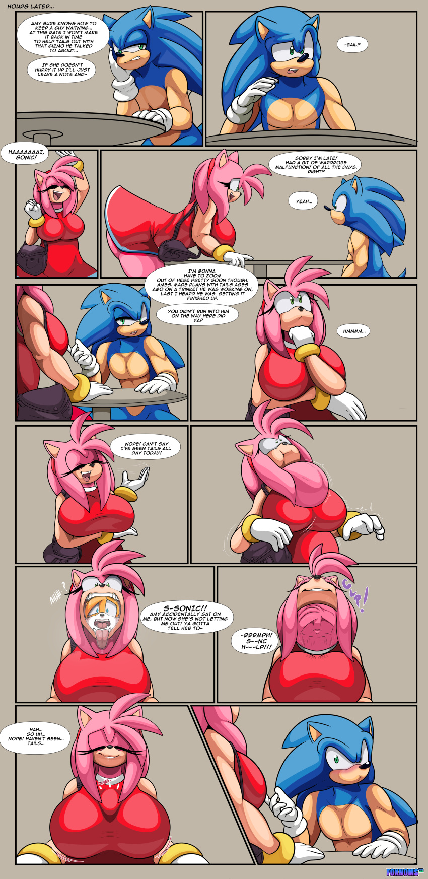 absurd_res amy_rose anthro aroused aroused_by_another bare_chest begging begging_prey belly belly_overhang big_breasts bloated blush bottomless bottomwear breasts bulge canid canine chest_markings chubby_female clothed clothing comic date dating digital_drawing_(artwork) digital_media_(artwork) duo english_text eulipotyphlan face_bulge female forced fox foxynoms furniture group hammerspace hammerspace_anus hammerspace_vore hedgehog hi_res hidden_belly hiding_vore hostage humanoid imminent_digestion looking_pleasured male male/female mammal markings miles_prower mouth_shot neck_bulge onomatopoeia open_mouth oral_vore regurgitation reluctant_date sega skirt slightly_chubby soft_vore sonic_the_hedgehog sonic_the_hedgehog_(series) sound_effects stuck_in_throat swallowing table text tongue tongue_out topwear trio unwilling_prey unwilling_vore vore willing_pred
