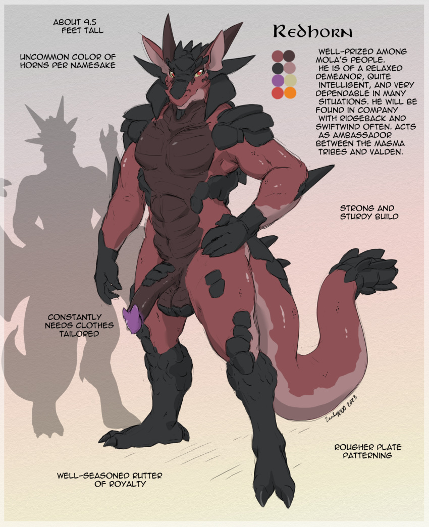 2023 4_fingers anthro balls biped color_swatch colored dragon english_text erection fingers genitals glans hand_on_hip hi_res horn looking_at_viewer male muscular muscular_anthro muscular_male nude penis purple_glans red_body redhorn_(zerofox) scalie signature silhouette smile solo standing tail text western_dragon zerofox1000