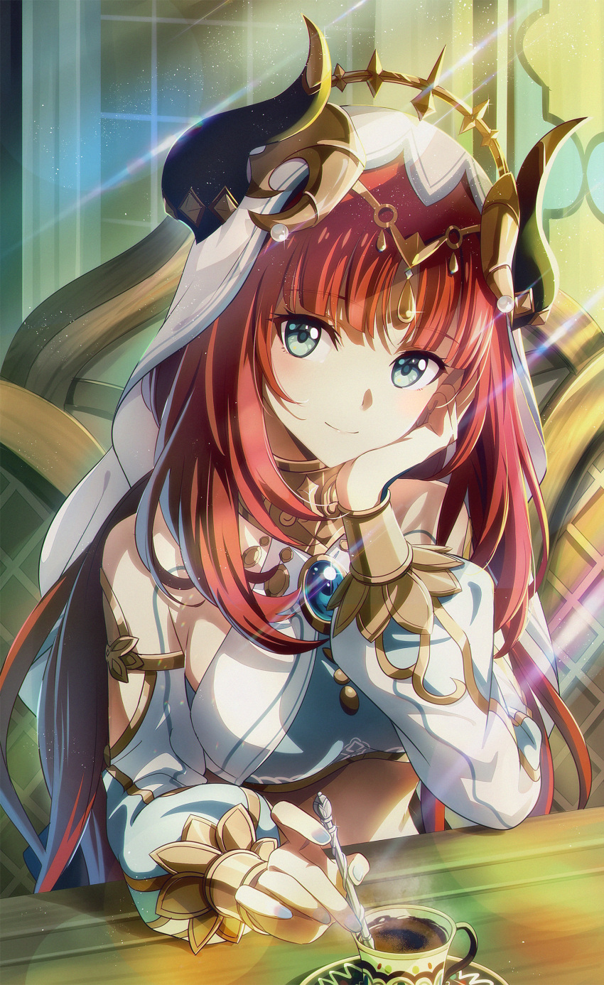 1girl absurdres aqua_eyes bangs blue_nails blush bracer brooch cheek_rest circlet closed_mouth clothing_cutout commentary_request crop_top cup detached_sleeves fake_horns fcc_(fengcheche) genshin_impact glint gold_trim hand_on_own_face harem_outfit head_tilt highres holding holding_spoon horns jewelry lens_flare light_particles long_hair long_sleeves looking_at_viewer low_twintails nail_polish neck_ring nilou_(genshin_impact) parted_bangs puffy_long_sleeves puffy_sleeves red_hair saucer sidelighting sidelocks sitting smile solo spoon steam table tea teacup twintails upper_body veil white_headwear white_sleeves wooden_table