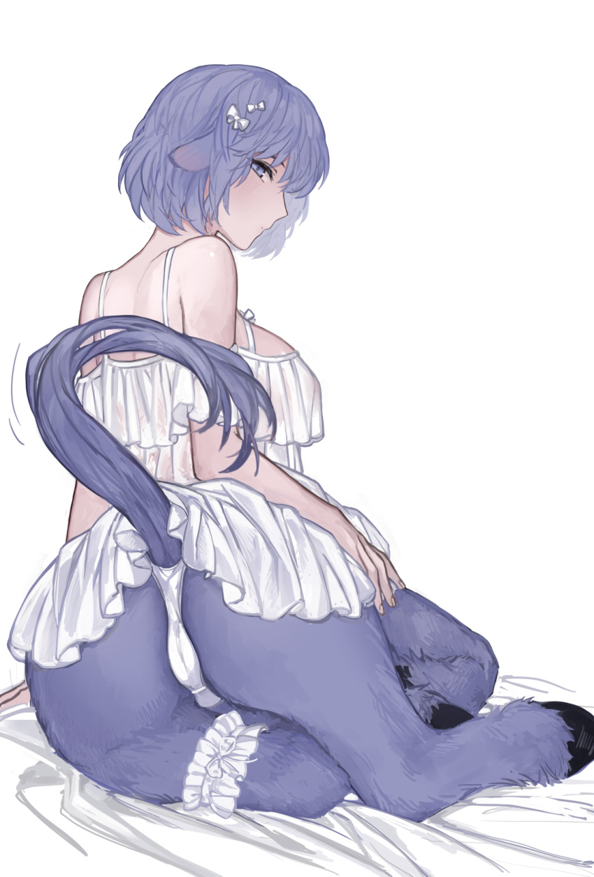 1girl animal_ears ass ass_focus babydoll bare_shoulders bed_sheet blush bow breasts centaur cleavage frilled_babydoll grey_eyes grey_hair hair_bow highres hooves horse_ears horse_tail large_breasts looking_at_viewer monster_girl monster_girl_encyclopedia multiple_legs nightmare_(monster_girl_encyclopedia) panties short_hair sidelocks simple_background sitting solo tail tail_raised taur thigh_strap underwear white_babydoll white_background white_bow white_panties zakirsiz