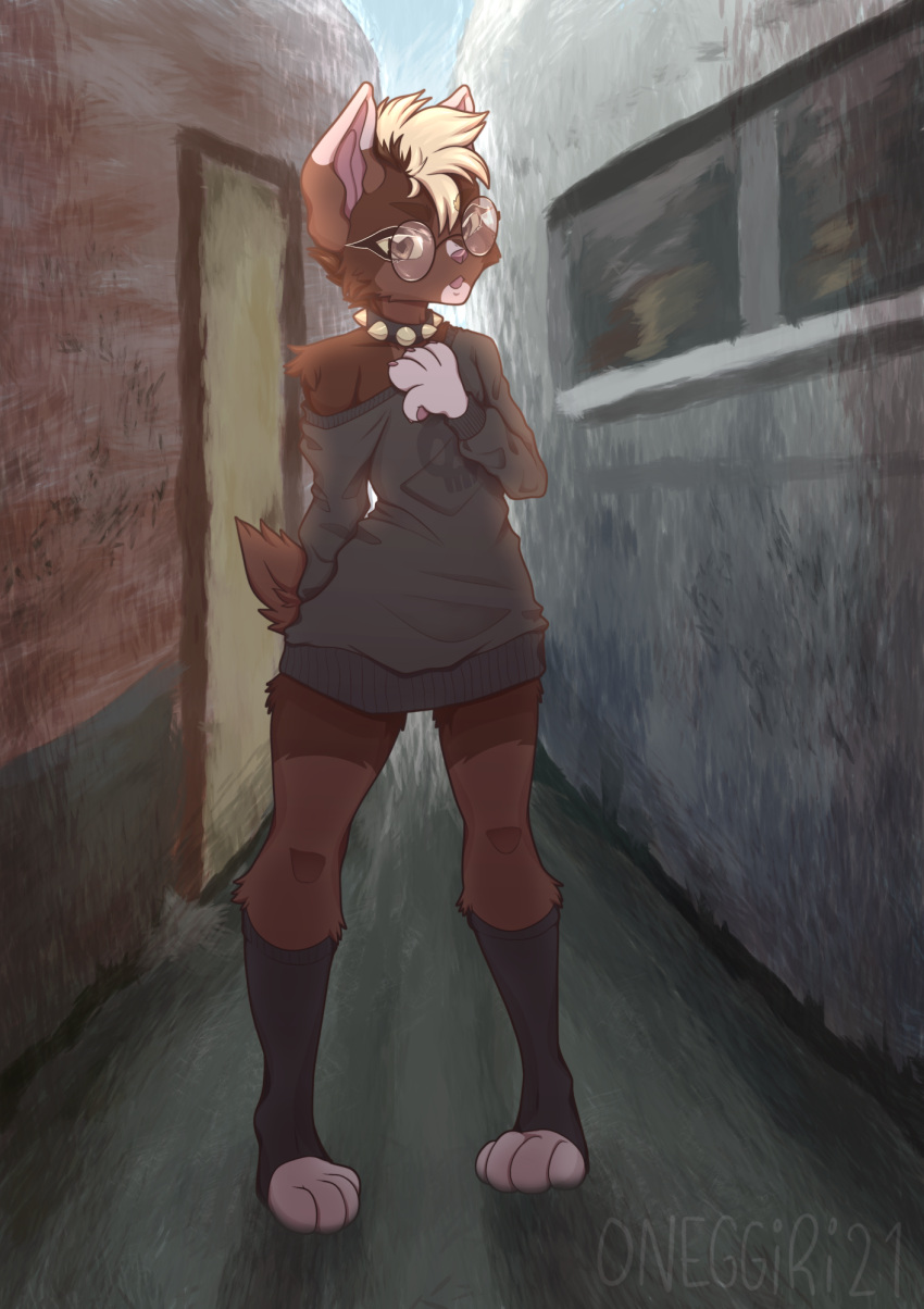 2021 alley anthro australian_shepherd black_collar blonde_hair brown_body brown_fur canid canine canis claws clothed clothing collar detailed_background digital_drawing_(artwork) digital_media_(artwork) domestic_dog dress eyelashes eyewear female full-length_portrait fur glasses grey_clothing grey_dress hair herding_dog hi_res mammal off_shoulder oneggiri open_mouth outside pastoral_dog pawpads pince-nez portrait purple_claws purple_nose purple_pawpads round_glasses shaded sheepdog short_tail solo spiked_collar spikes standing sweater_dress tail