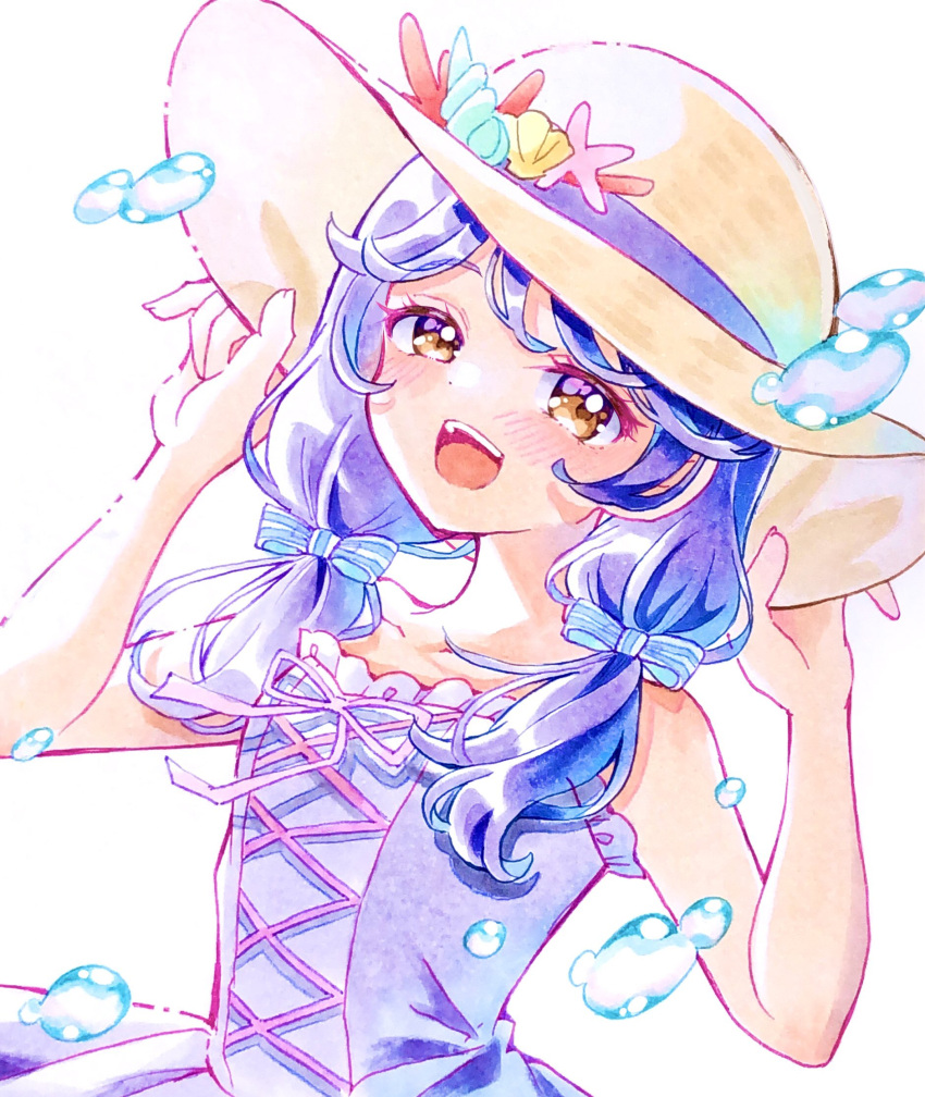 1girl :d arm_up blush bow brown_eyes commentary_request dress ess hat highres lilylily0601 looking_at_viewer low_twintails magical_girl open_mouth precure purple_hair seashell shell sleeveless smile solo sun_hat suzumura_sango teeth tropical-rouge!_precure twintails upper_teeth_only water water_drop white_background