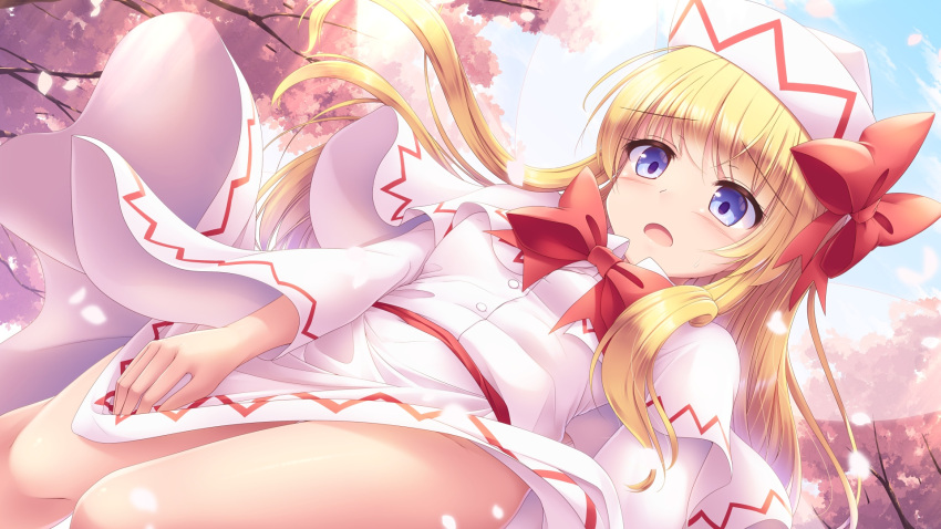 1girl blonde_hair blue_eyes blush buttons capelet cherry_blossoms clothes_lift day dress dress_lift fairy fairy_wings feet_out_of_frame hat highres lily_white long_hair long_sleeves lzh open_mouth solo touhou white_capelet white_dress white_headwear wind wind_lift wings