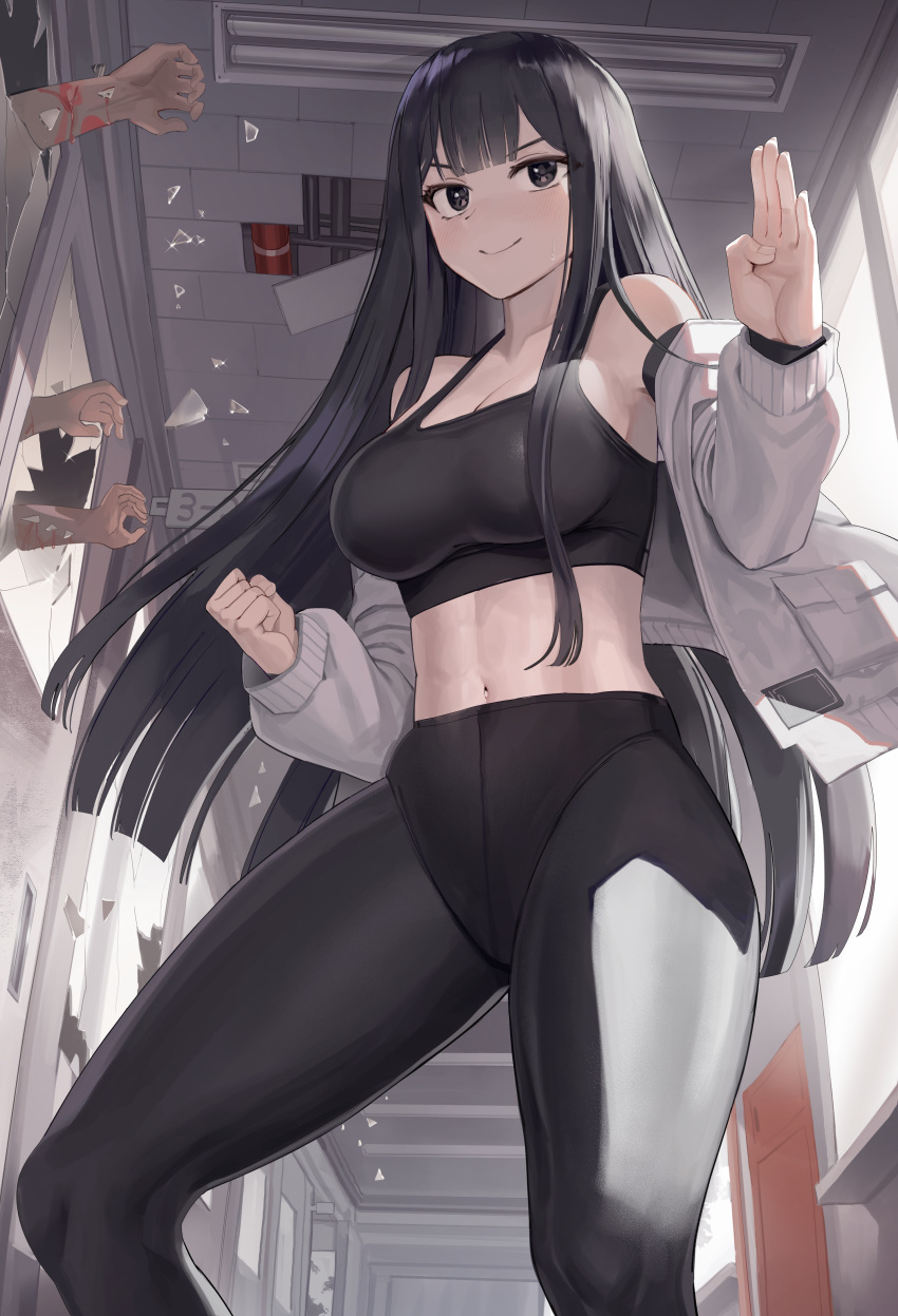 1girl absurdres bare_shoulders black_eyes black_hair black_leggings black_pants black_shirt breasts clenched_hand closed_mouth commission crop_top fighting_stance goback hallway hand_up highres indoors jacket large_breasts leggings long_hair long_sleeves looking_at_viewer midriff navel novelpia off_shoulder open_clothes open_jacket original pants shirt sleeveless sleeveless_shirt smile solo sports_bra standing stomach v-shaped_eyebrows very_long_hair white_jacket