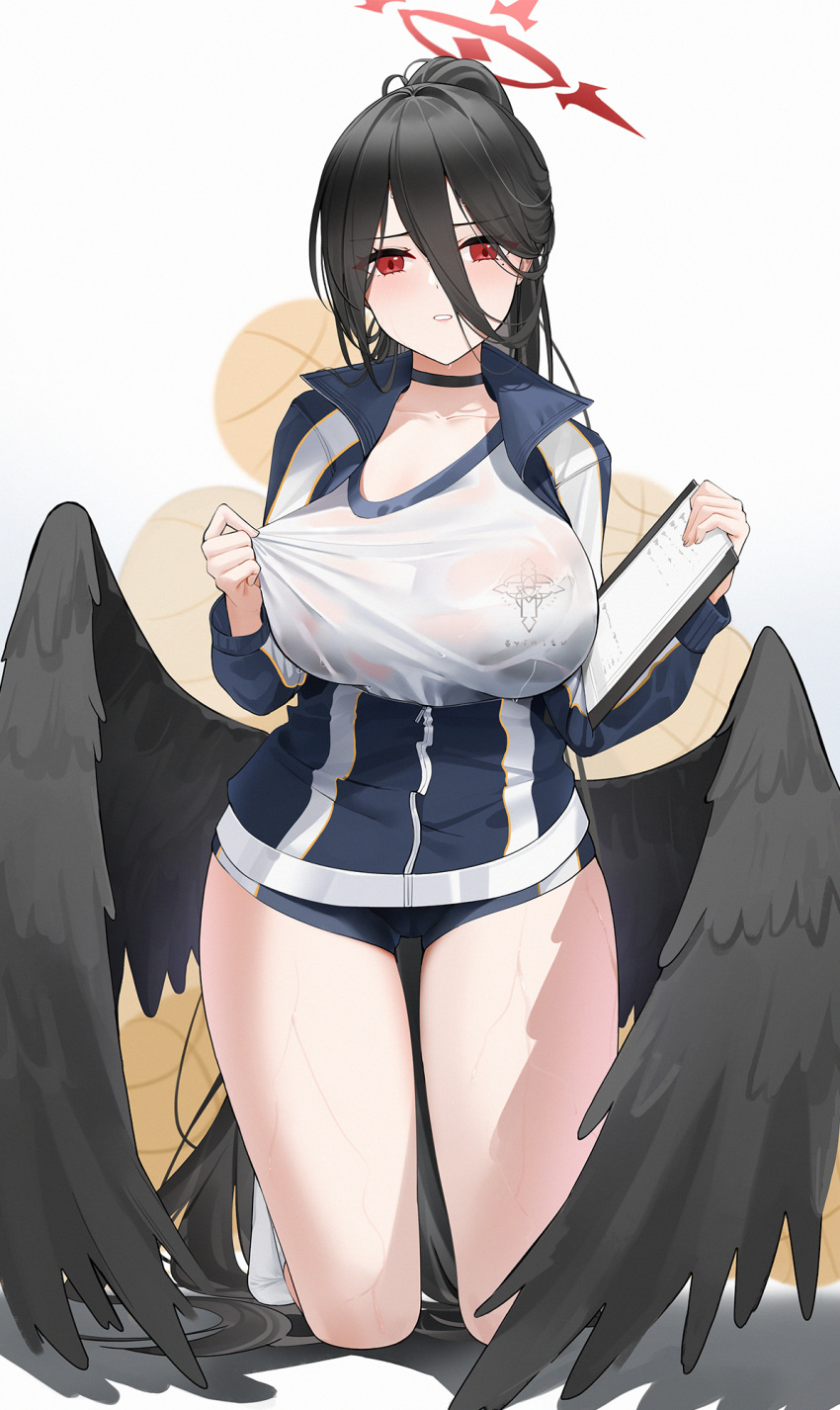 1girl black_bra black_choker black_hair black_wings blue_archive blue_buruma bra bra_visible_through_clothes breasts buruma choker collarbone commentary feathered_wings gym_shirt hair_between_eyes halo hasumi_(blue_archive) hasumi_(track)_(blue_archive) highres holding holding_notepad jacket kneeling large_breasts looking_at_viewer notepad official_alternate_costume open_clothes open_jacket partially_unzipped ponytail qing_wu red_eyes shirt shirt_tug solo sweatdrop underwear wet wet_clothes wet_shirt wings