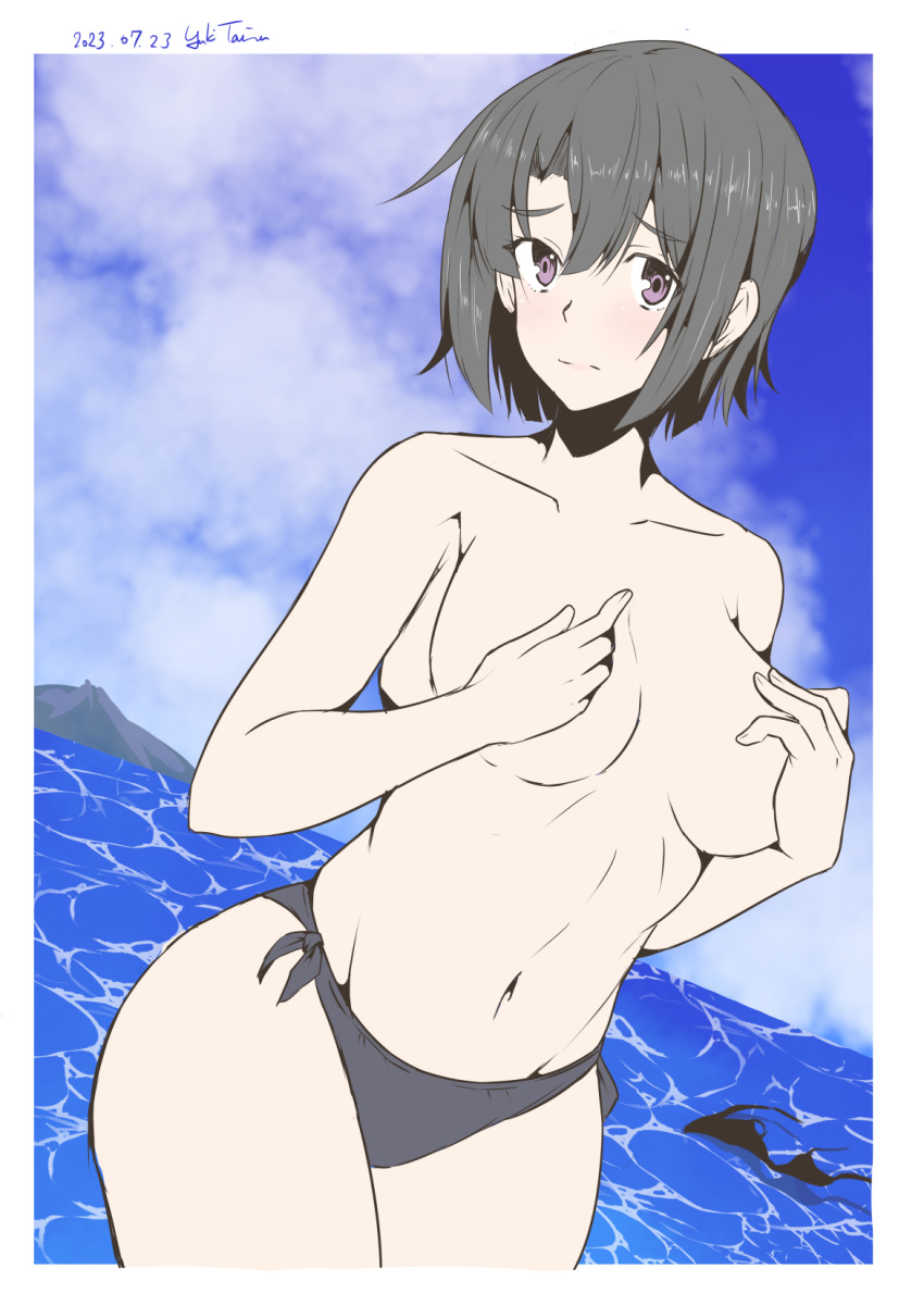 1girl bikini bikini_top_removed black_bikini black_hair blue_sky breasts cloud covering covering_breasts day dutch_angle highres horizon kantai_collection large_breasts ocean outdoors short_hair side-tie_bikini_bottom sky solo standing swimsuit taira_yuuki takao_(kancolle) topless