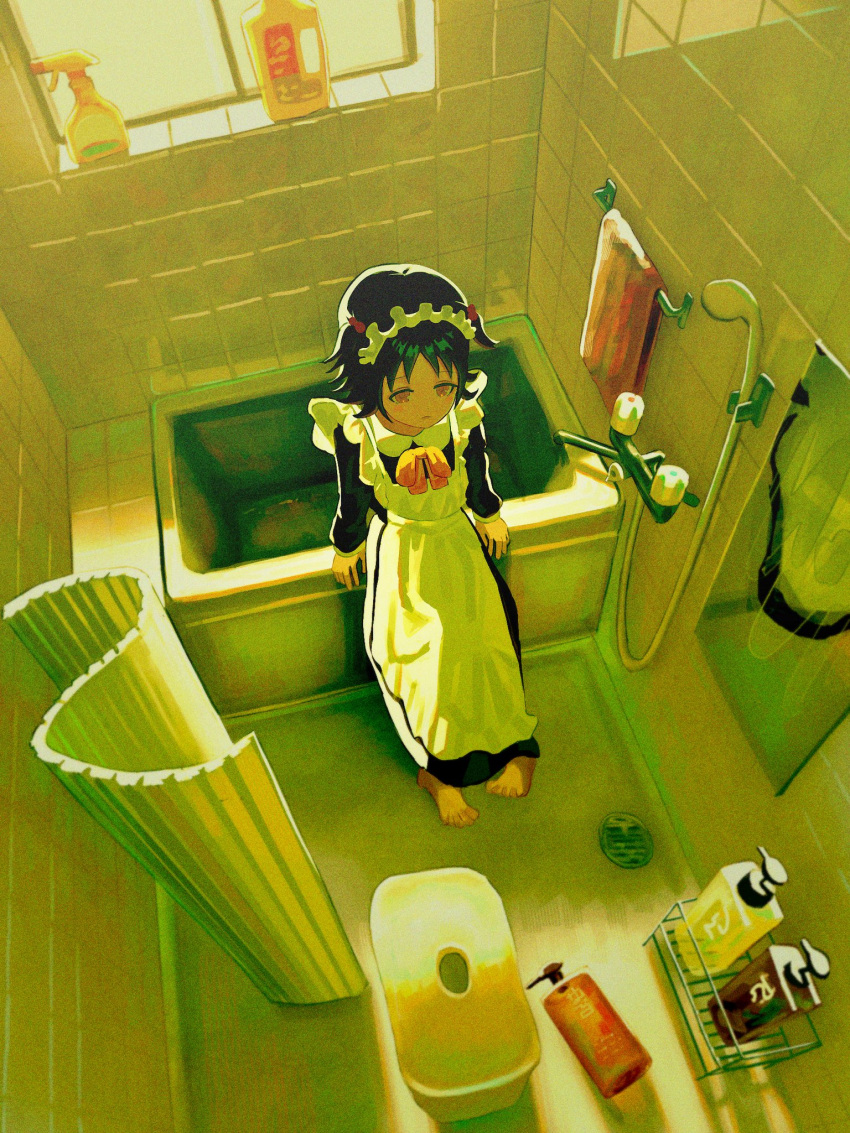 1girl apron arm_support barefoot bathtub black_dress black_hair bottle bow bowtie brown_eyes closed_mouth collared_dress commentary day dress frilled_apron frills from_above hair_bobbles hair_ornament highres indoors kagenoyuhi long_dress long_sleeves maid maid_apron maid_headdress mirror orange_bow orange_bowtie original shampoo_bottle short_hair shower_head sitting soap_bottle solo spray_bottle tile_wall tiles towel towel_rack two_side_up white_apron window