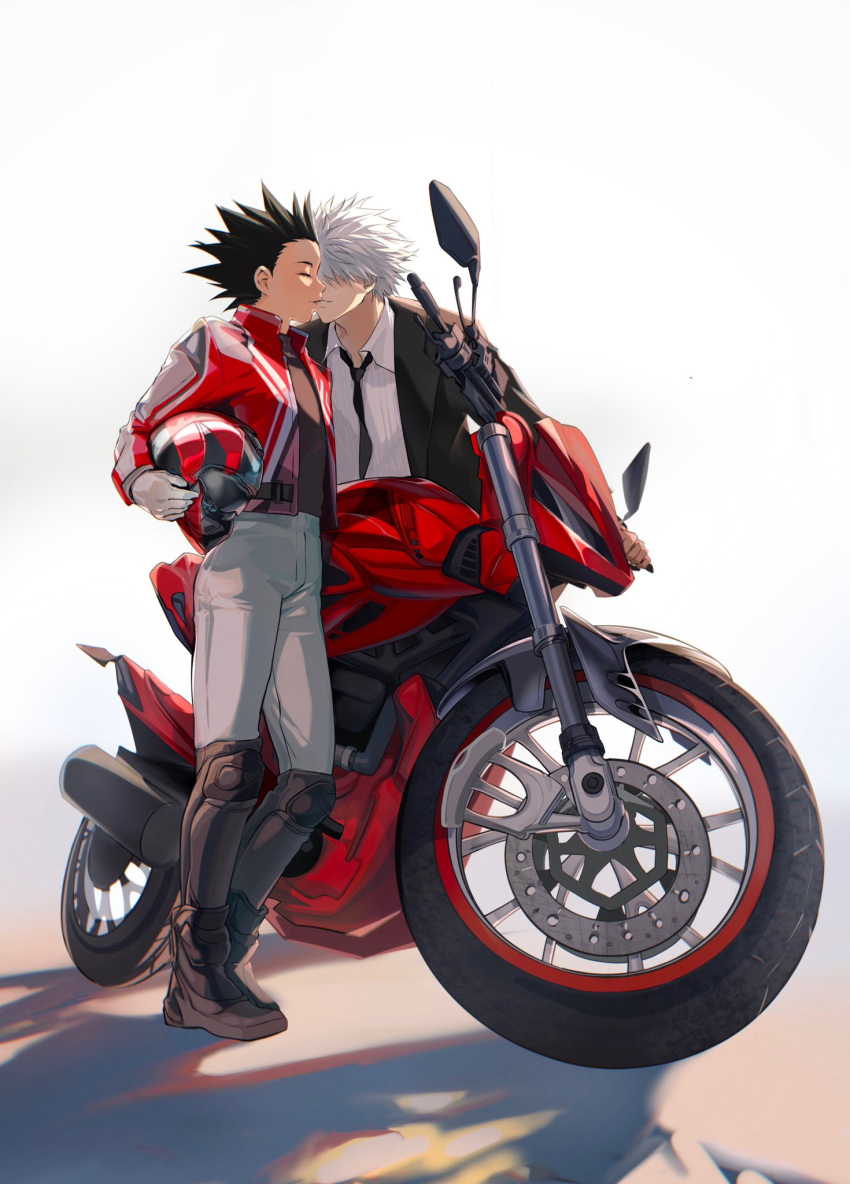 2boys aged_up alternate_costume biker_clothes black_hair black_necktie black_suit full_body gon_freecss helmet highres holding holding_helmet hunter_x_hunter jacket k.g_(matsumoto_zo) killua_zoldyck kiss long_sleeves male_focus motor_vehicle motorcycle motorcycle_helmet multiple_boys necktie open_clothes open_jacket profile red_jacket shadow short_hair simple_background spiked_hair suit white_hair yaoi