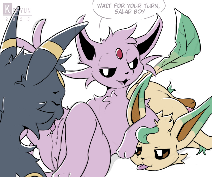 ambiguous_gender black_body black_eyes black_fur blep bodily_fluids colored cunnilingus eeveelution espeon eyes_closed female feral flat_colors fur generation_2_pokemon generation_4_pokemon genitals group group_sex hi_res kifyun2 leafeon looking_at_viewer lying male nintendo on_back on_side open_mouth oral penis pink_body pink_fur pokemon pokemon_(species) pussy saliva sex speech_bubble text threesome tongue tongue_out trio umbreon vaginal yellow_body yellow_fur