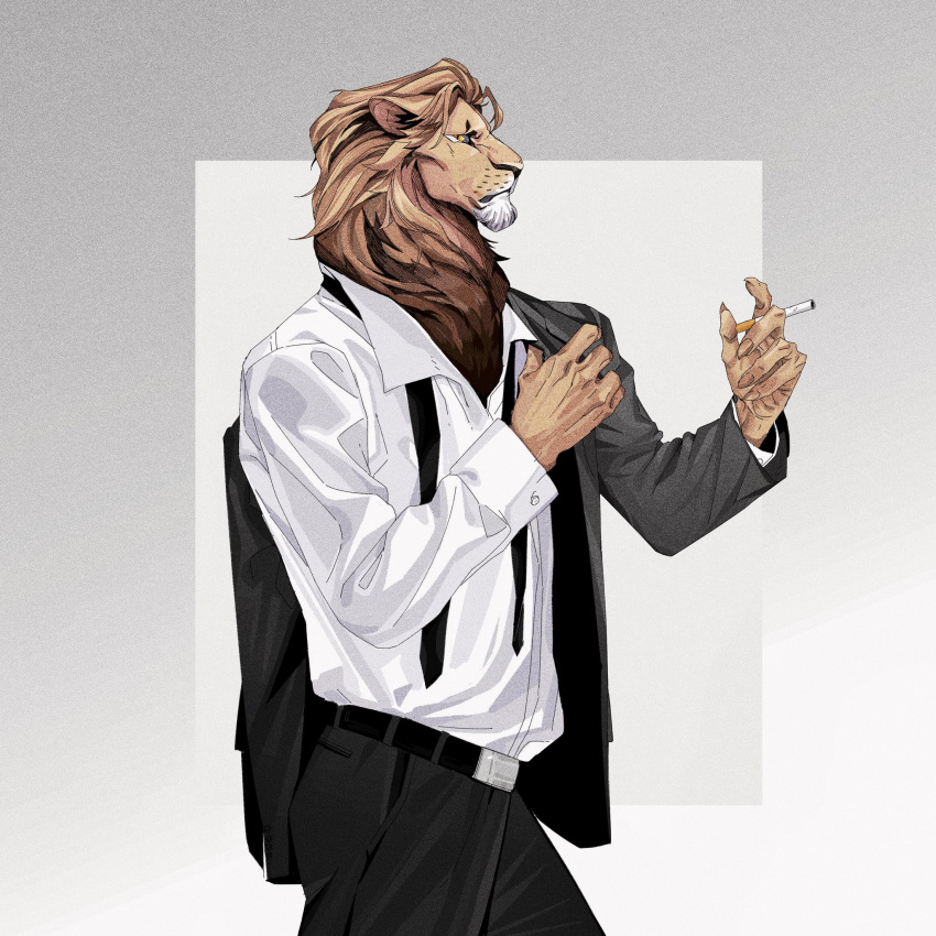 1boy belt black_belt black_jacket black_necktie black_pants body_fur brown_fur cigarette claws closed_mouth collared_shirt commentary furry furry_male grey_background hands_up highres holding holding_cigarette jacket jacket_partially_removed lion_boy llishifu long_sleeves looking_at_viewer male_focus mane necktie original pants shirt simple_background slit_pupils solo standing suit_jacket symbol-only_commentary undone_necktie upper_body white_shirt yellow_eyes