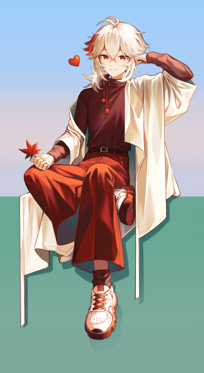 1boy absurdres alternate_costume closed_mouth crossed_bangs full_body genshin_impact hair_between_eyes highres holding holding_leaf ice_s_s_z kaedehara_kazuha leaf long_sleeves looking_at_viewer male_focus multicolored_hair off_shoulder pants ponytail red_eyes red_hair red_pants red_sweater shoes signature simple_background sitting sneakers solo streaked_hair sweater turtleneck turtleneck_sweater white_footwear white_hair