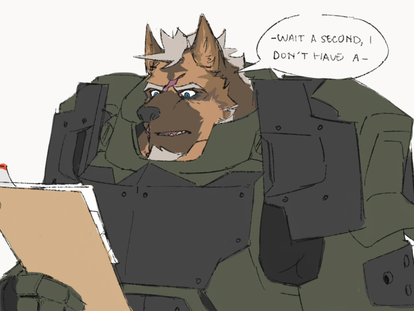 2019 anthro armor blue_eyes brown_body brown_fur cables canid canine canis cross-popping_vein dialogue domestic_dog dossier english_text facial_hair facial_scar file_folder files fur german_shepherd goatee green_armor hair herding_dog linked_speech_bubble lip_scar machine male mammal muscular muscular_anthro muscular_male pastoral_dog power_armor reading rourke_(saberzelgrath) saberzelgrath scar solo speech_bubble text white_hair