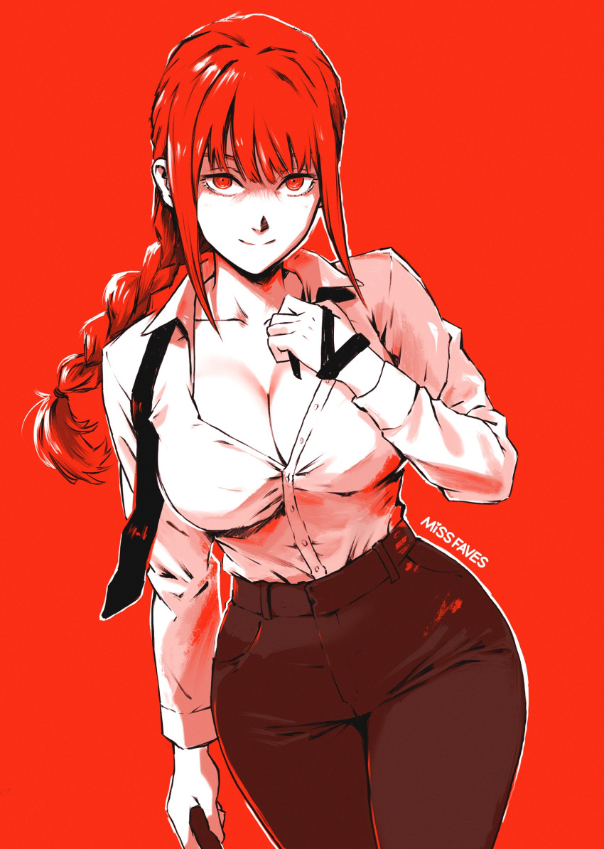 1girl alternate_eye_color artist_name black_necktie black_pants braid braided_ponytail breasts chainsaw_man cleavage cowboy_shot highres large_breasts long_hair looking_at_viewer makima_(chainsaw_man) missfaves necktie pants red_background red_eyes red_hair red_theme ringed_eyes shirt shirt_tucked_in solo taut_clothes taut_pants taut_shirt undone_necktie white_shirt