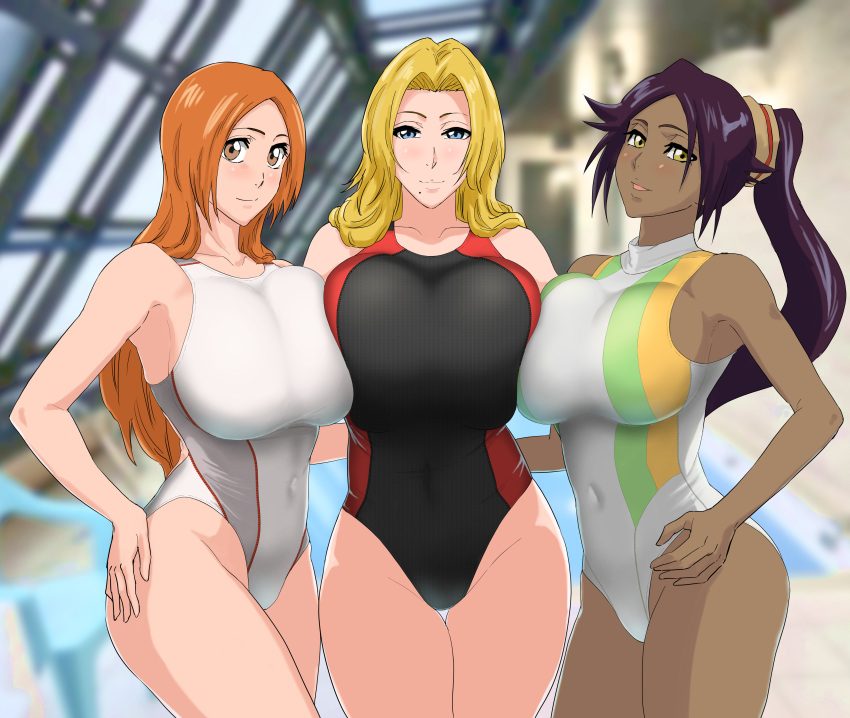 3girls absurdres asymmetrical_docking bangs black_one-piece_swimsuit bleach blonde_hair blue_eyes blurry blurry_background breast_press breasts brown_eyes brown_hair closed_mouth collarbone commentary_request competition_swimsuit covered_navel dark-skinned_female dark_skin green_one-piece_swimsuit grey_one-piece_swimsuit hand_on_another's_waist highleg highleg_swimsuit highres indoors inoue_orihime iwao178 large_breasts long_hair looking_at_viewer matsumoto_rangiku multiple_girls one-piece_swimsuit open_mouth parted_bangs ponytail poolside purple_hair red_one-piece_swimsuit rei_no_pool shihouin_yoruichi side-by-side smile swimsuit two-tone_swimsuit white_one-piece_swimsuit yellow_eyes yellow_one-piece_swimsuit