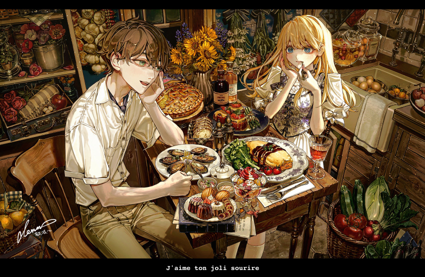 1boy 1girl absurdres apple blonde_hair blue_eyes blush brown_hair collared_shirt commentary_request commission dress egg_(food) faucet flower food fork fruit highres long_hair naluse_flow open_mouth original pants pie plate shirt short_hair short_sleeves sitting table teeth tomato translation_request upper_teeth_only white_dress white_shirt