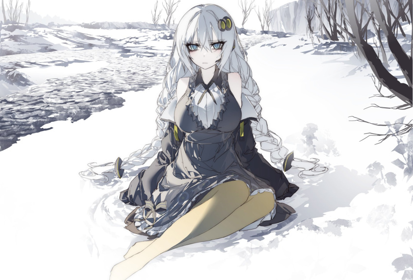 1girl bare_tree black_dress black_jacket blue_eyes braid breasts closed_mouth dress expressionless frilled_dress frills full_body hair_between_eyes hair_ornament highres ice jacket jacket_partially_removed kizuna_akari large_breasts long_bangs long_hair looking_at_viewer no_shoes outdoors pantyhose river sitting sky sleeveless sleeveless_dress sleeves_past_fingers sleeves_past_wrists snow solo tree twin_braids very_long_hair vocaloid voiceroid white_hair white_sky yellow_pantyhose yexinhan
