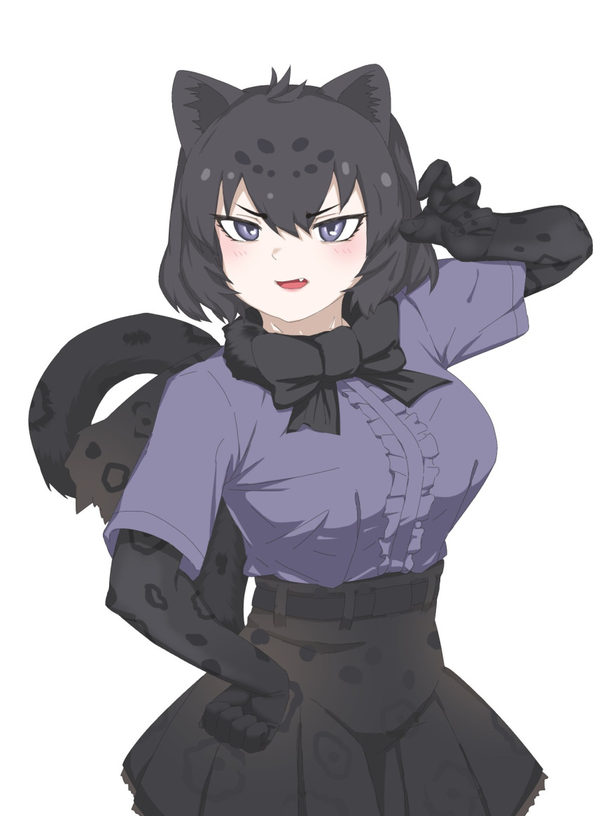 1girl animal_ears black_bow black_bowtie black_gloves black_hair black_jaguar_(kemono_friends) black_skirt blue_eyes blush bow bowtie center_frills claw_pose cowboy_shot elbow_gloves fang frills gloves high-waist_skirt highres jaguar_ears jaguar_girl jaguar_print jaguar_tail kemono_friends looking_at_viewer open_mouth pleated_skirt plq0022 print_gloves print_skirt purple_shirt shirt short_hair short_sleeves skirt solo t-shirt tail