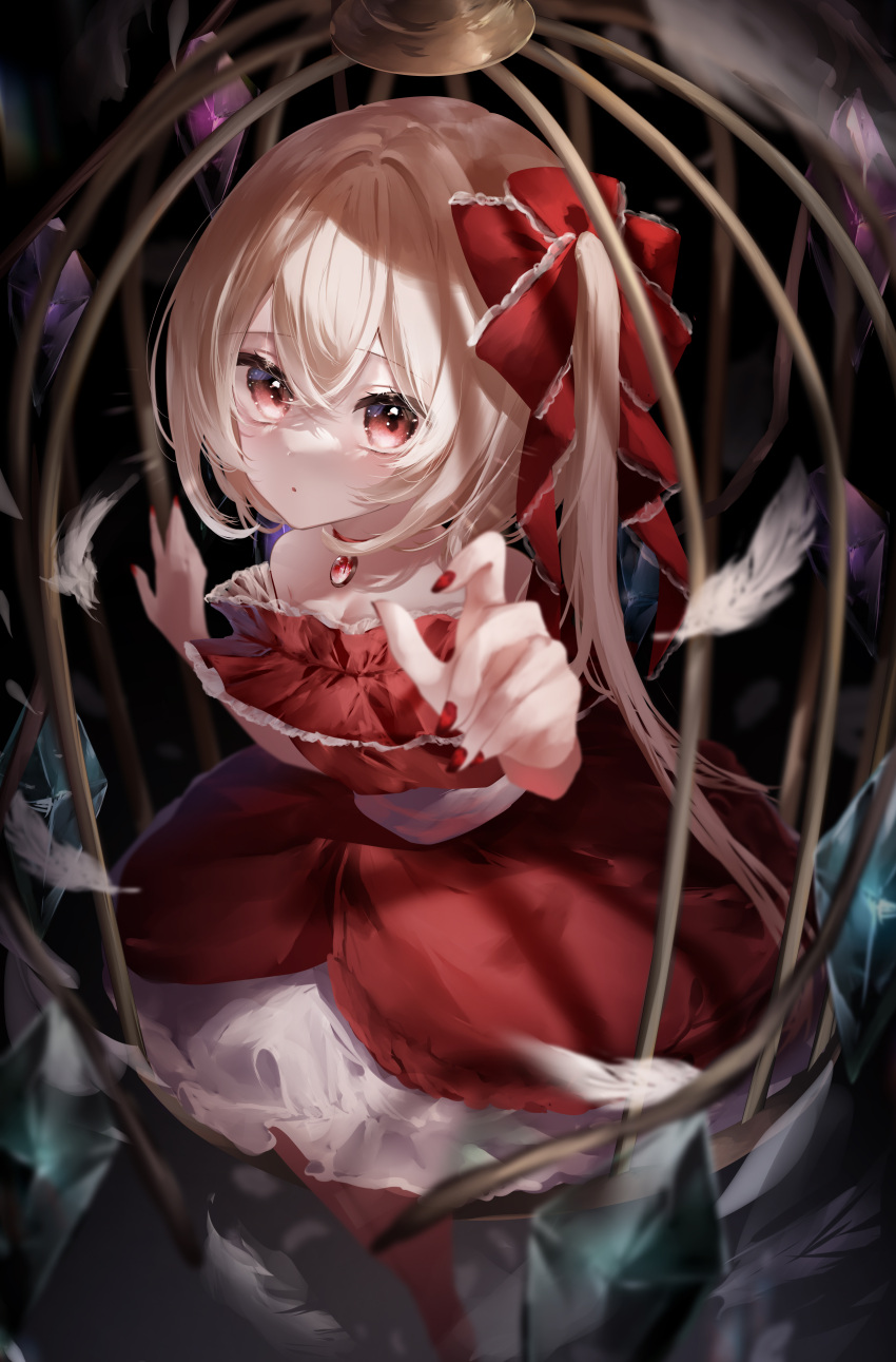 1girl absurdres bare_shoulders bat_wings birdcage blonde_hair blurry blush breasts cage cleavage commentary_request crystal depth_of_field dress expressionless falling_feathers feathers flandre_scarlet foreshortening frilled_dress frills full_body hair_between_eyes hair_ribbon highres in_cage jewelry long_hair looking_at_viewer nail_polish necklace no_headwear parted_lips reaching_towards_viewer red_brooch red_dress red_eyes red_nails red_ribbon ribbon sash side_ponytail sitting small_breasts solo touhou white_feathers white_sash wings yukia_(yukia_777)