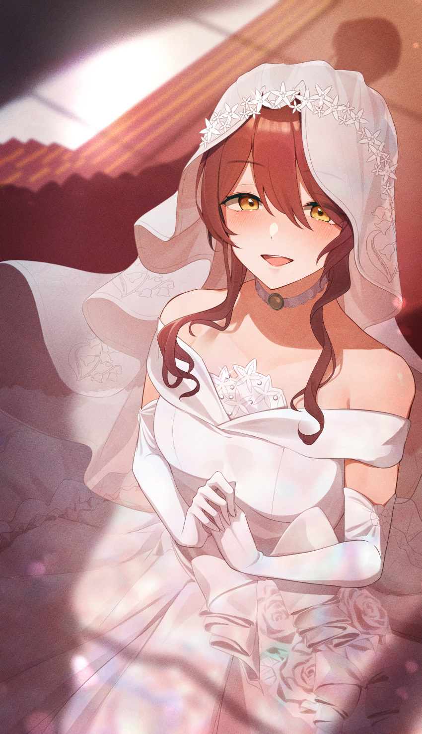 1girl absurdres blush breasts bridal_veil bride brown_hair dress elbow_gloves gloves hair_between_eyes highres idolmaster idolmaster_shiny_colors looking_at_another medium_breasts odecono3 off-shoulder_dress off_shoulder osaki_tenka own_hands_together shadow sidelocks smile solo veil wedding_dress white_dress yellow_eyes