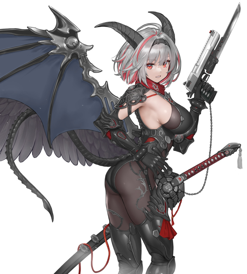 1girl ahoge armor ass black_bodysuit black_gloves black_hairband black_wings bodysuit boots bracelet breasts elbow_gloves from_side gloves grey_hair gun hairband highres hiyashiru holding holding_gun holding_weapon horns jewelry large_breasts looking_at_viewer looking_to_the_side mechanical_wings multicolored_hair original parted_lips red_eyes red_hair sheath sheathed short_hair shoulder_armor sideboob simple_background solo spiked_bracelet spikes streaked_hair sword thigh_boots trigger_discipline two-tone_hair weapon white_background wings