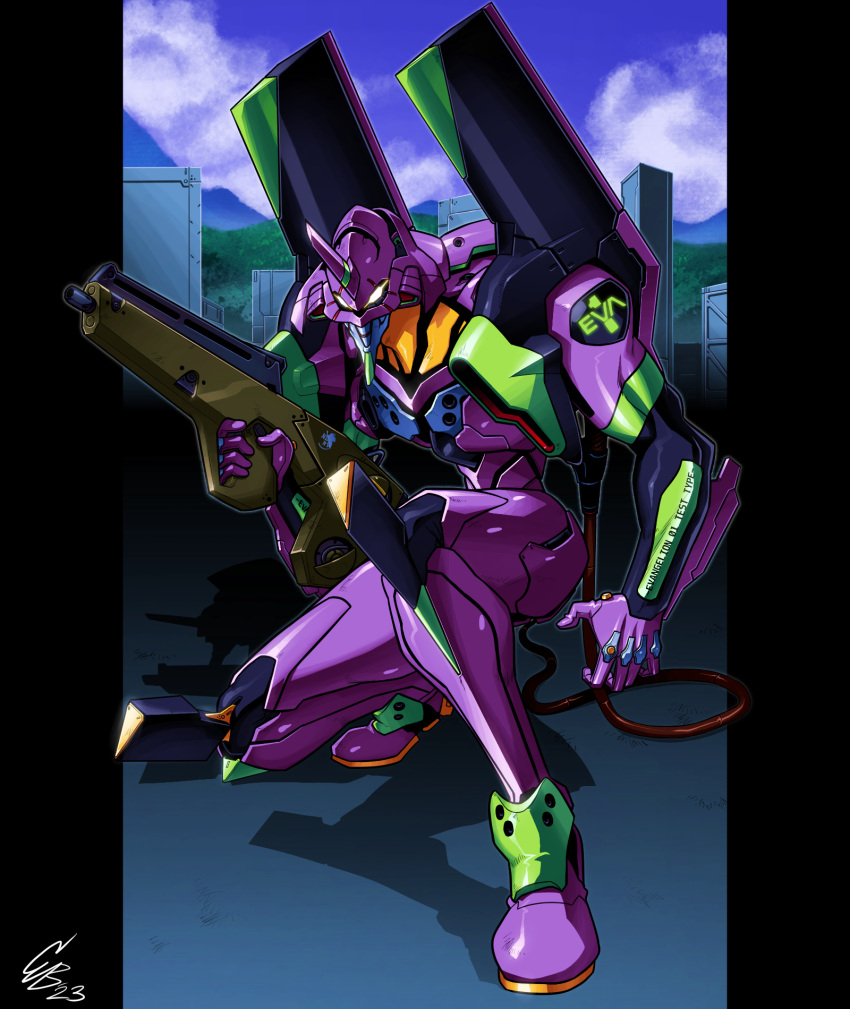 blue_sky building cable city cloud ethandoesathing eva_01 evangelion_(mecha) glowing glowing_eyes gun highres holding holding_gun holding_weapon horns looking_at_viewer mecha mountainous_horizon neon_genesis_evangelion nerv no_humans on_one_knee open_hand pillarboxed robot science_fiction shadow signature single_horn sky solo weapon yellow_eyes