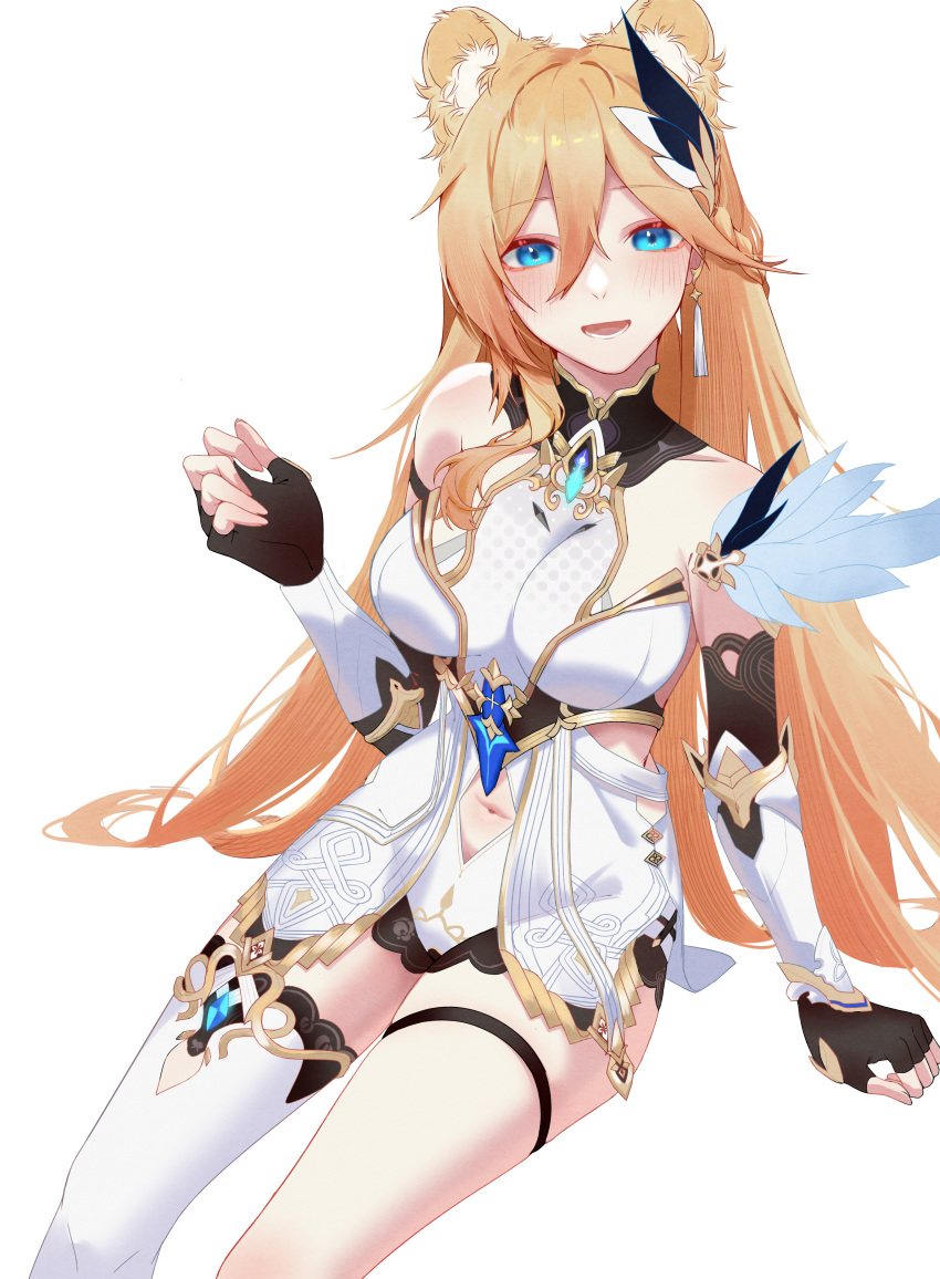 1girl :d absurdres animal_ear_fluff animal_ears bangs bare_shoulders bear_ears bianka_durandal_ataegina bianka_durandal_ataegina_(palatinus_equinox) black_gloves blonde_hair blue_eyes breasts clothing_cutout dress earrings fingerless_gloves gloves highres honkai_(series) honkai_impact_3rd invisible_chair jewelry navel navel_cutout open_mouth simple_background single_thighhigh sitting smile solo thighhighs white_background white_dress white_thighhighs youmiao_oxo