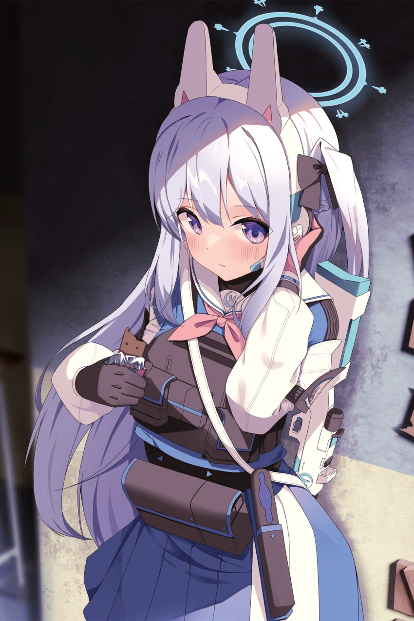 1girl akinoji_(akiponpon27) animal_ear_headphones animal_ears belt blue_archive blurry blurry_background blush bulletproof_vest commentary_request fake_animal_ears food gloves grey_hair gun hair_ornament halo headphones highres miyako_(blue_archive) purple_eyes school_uniform solo submachine_gun tactical_clothes utility_belt wall weapon