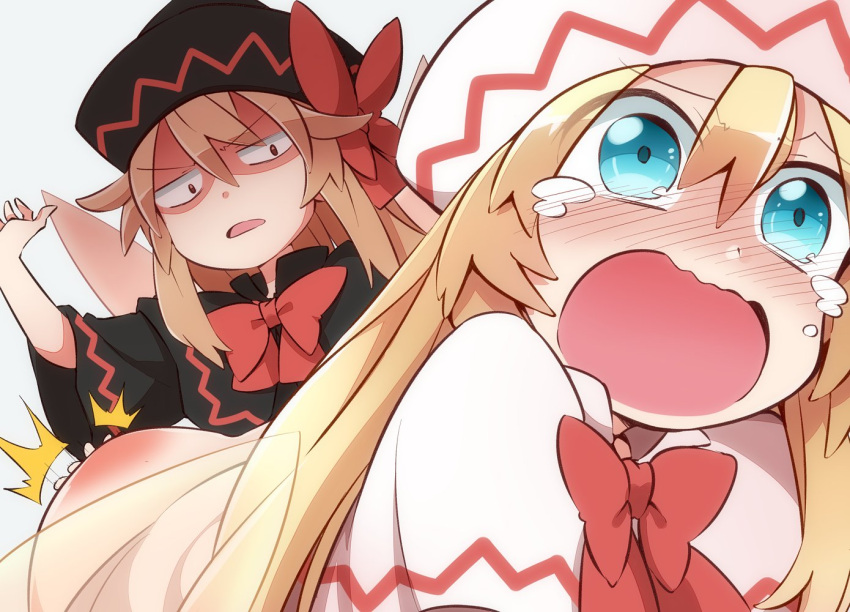 2girls ass black_capelet black_headwear blonde_hair blue_eyes blush capelet commission dual_persona fairy fairy_wings hair_between_eyes hat lily_black lily_white long_hair long_sleeves multiple_girls open_mouth red_eyes shaded_face simple_background skeb_commission tears touhou white_background white_capelet white_headwear wide_sleeves wings yutamaro