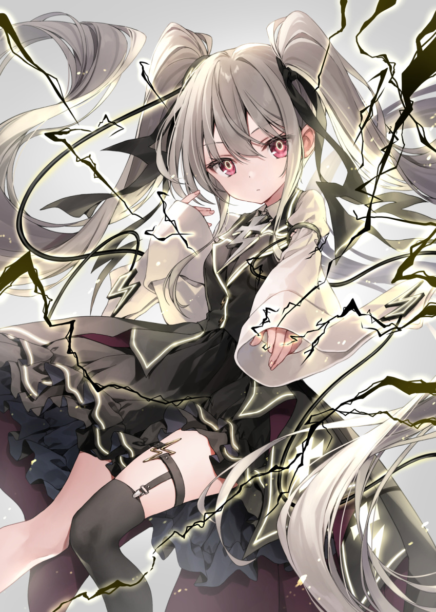 1girl black_dress blush bow breasts bright_pupils dress electricity frilled_dress frills grey_hair hair_bow hair_ornament highres kakao_rantan legwear_garter long_hair long_sleeves looking_at_viewer original simple_background single_thighhigh small_breasts solo thighhighs twintails white_pupils white_sleeves