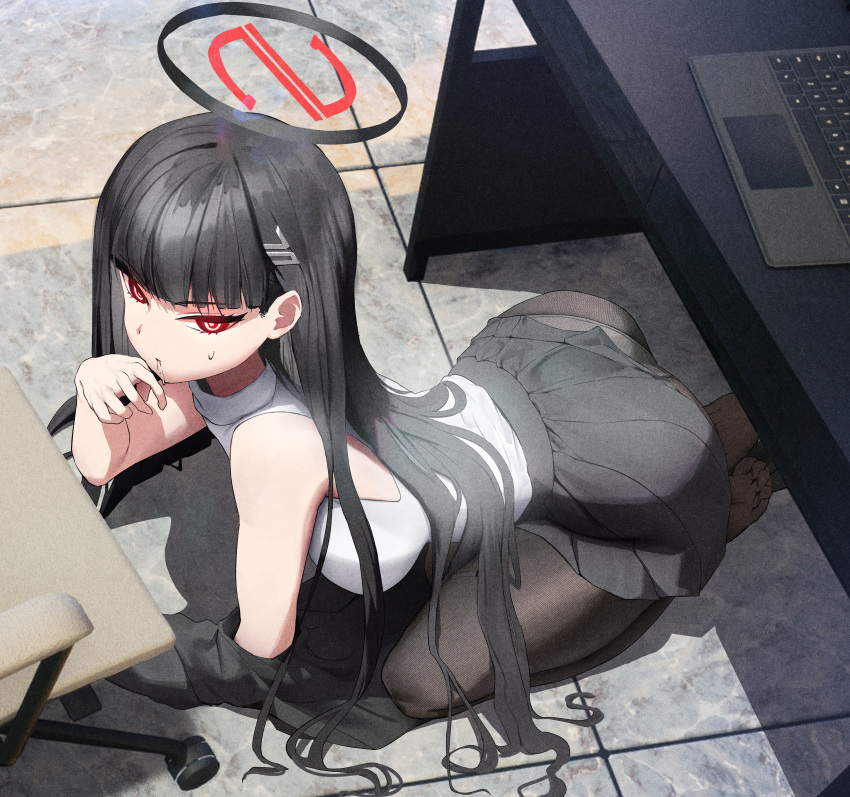 1girl absurdres bare_shoulders barefoot black_hair black_pantyhose black_skirt blue_archive blunt_bangs chair commentary computer fishnet_pantyhose fishnets hair_ornament hairclip halo hand_up highres jacket jacket_removed kenka_(user_hrjm2543) kneeling laptop long_hair looking_at_viewer mechanical_halo no_shoes pantyhose pleated_skirt red_eyes rio_(blue_archive) saliva shirt shirt_tucked_in skirt soles solo sweat table turtleneck under_table white_shirt