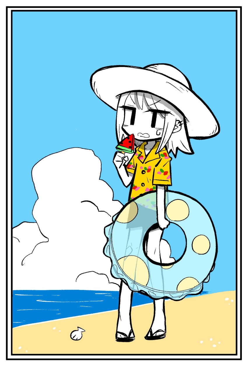 1girl beach black_shorts blue_sky border character_request cloud collarbone colored_skin commentary_request copyright_request day ear_piercing flip-flops food full_body hat hawaiian_shirt highres holding holding_food holding_innertube holding_popsicle hot innertube jitome kani_beam long_hair ocean open_mouth piercing popsicle sand sandals seashell shell shirt short_sleeves shorts sidelocks sky solo standing sun_hat sweatdrop v-shaped_eyebrows watermelon_bar white_border white_hair white_skin yellow_shirt