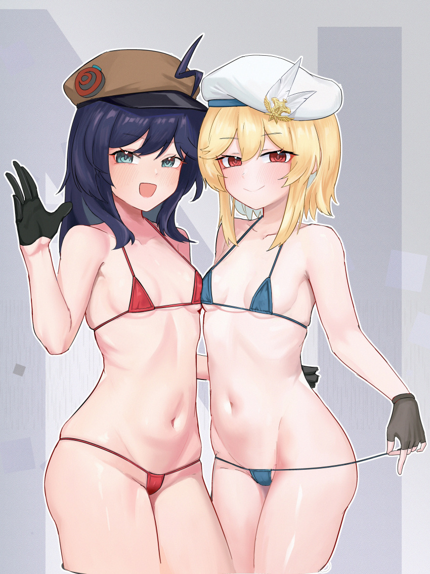 2girls absurdres ahoge beret black_gloves blonde_hair blue_bra blue_eyes blue_hair blue_panties blush bra breast_press breasts brown_headwear cabbie_hat chinese_commentary closed_mouth collarbone commentary_request cropped_legs fingerless_gloves girls'_frontline girls'_frontline_2:_exilium gloves hair_between_eyes half_gloves hand_up hat hat_feather heart heart_in_eye highres long_hair looking_at_viewer medium_breasts micro_bra multiple_girls nagant_revolver_(girls'_frontline) navel open_mouth outline panties petite red_bra red_eyes red_panties ribs shenqi_xiaohuang sidelocks skindentation small_breasts smile stechkin_(girls'_frontline) stomach symbol_in_eye symmetrical_docking underwear upper_body white_headwear white_outline