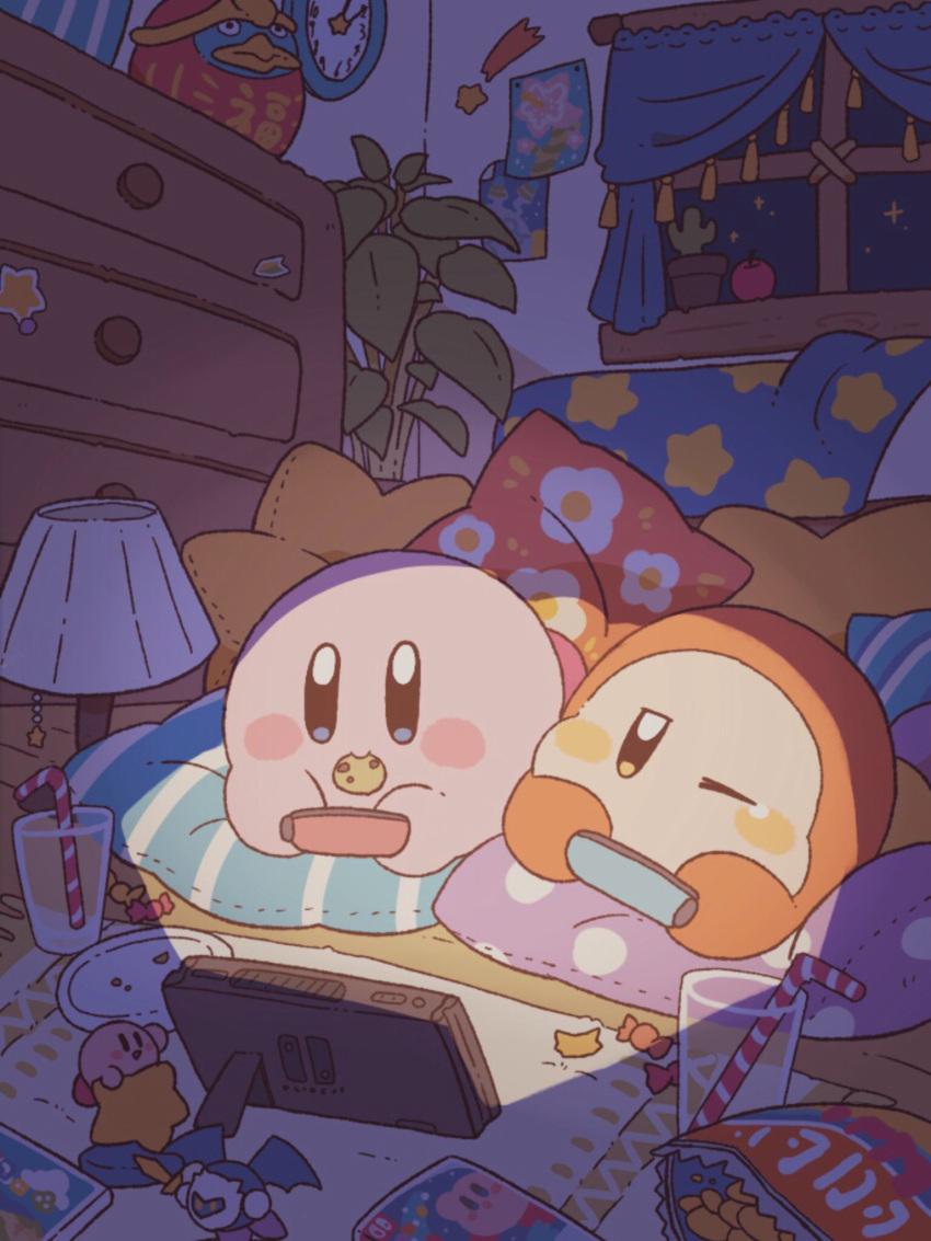 apple bag_of_chips bed blue_eyes blush blush_stickers brown_eyes cactus candy candy_wrapper chest_of_drawers chips_(food) clock closed_mouth cookie crumbs cup curtains cushion daruma_doll drinking_straw figure flower_pot food food_in_mouth fruit harukui highres indoors joy-con king_dedede kirby kirby_(series) lamp lying meta_knight mouth_hold night night_sky nintendo_switch no_humans on_stomach one_eye_closed pillow plant plate playing_games poster_(object) potato_chips potted_plant sky star_(sky) star_(symbol) star_pillow star_print starry_sky sticker video_game waddle_dee wall_clock warp_star window